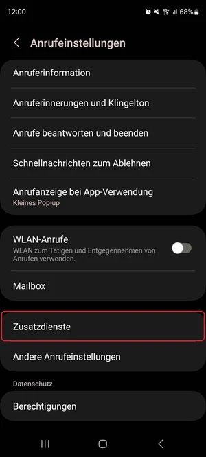 Screenshot von „Anrufeinstellungen“ mit Markierung von „Zusatzdienste“