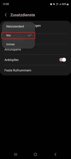 Screenshot „Deine Anrufer-ID anzeigen“ mit Markierung von „Nie“