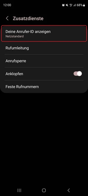 Screenshot von „Zusatzdienste“ mit Markierung von „Deine Anrufer-ID anzeigen“