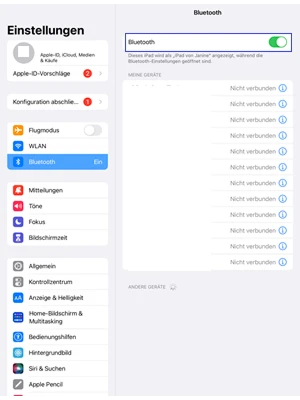 Einstellungs-Reiter Bluetooth auf dem iPad