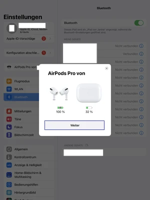 Pop-up-Fenster mit dem Button „Weiter“ erscheint auf dem iPad