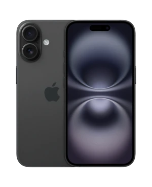 Das iPhone 16 in Schwarz in der Ansicht von hinten und vorne.