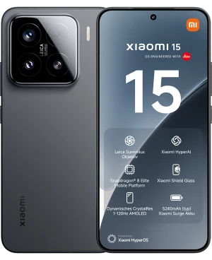 Das Xiaomi 15 in Schwarz in der Ansicht von hinten und vorne.