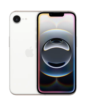 Das iPhone 16e in der Farbe Weiß von vorne und hinten
