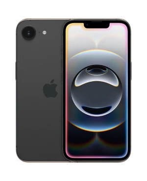  Das iPhone 16e in der Farbe Schwarz von vorne und hinten
