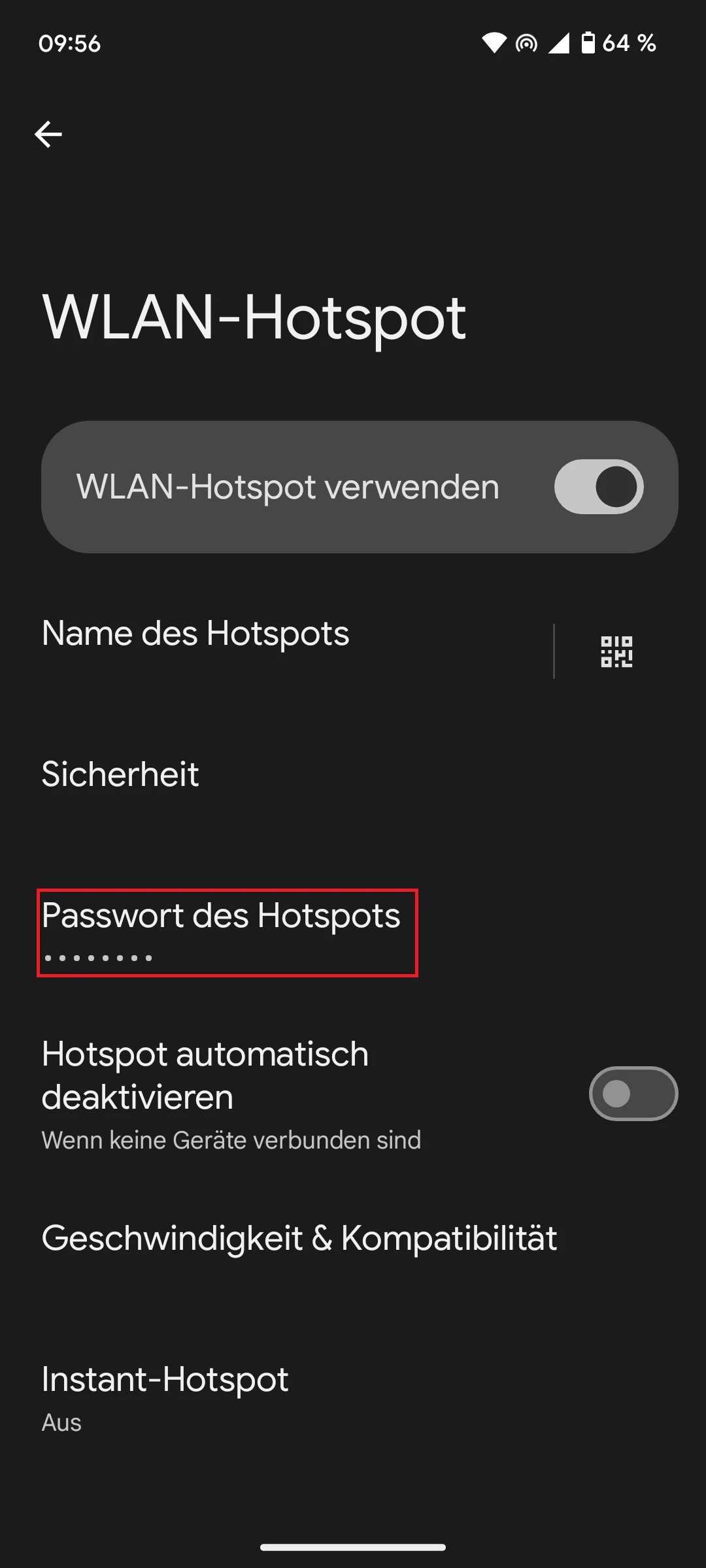  Die Einstellungen für deinen WLAN-Hotspot sind aktiviert. Lege nach Bedarf ein sicheres Passwort fest.
