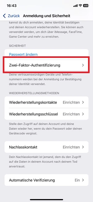 Apple-ID-Einstellungen mit markierter Zwei-Faktor-Authentifizierung
