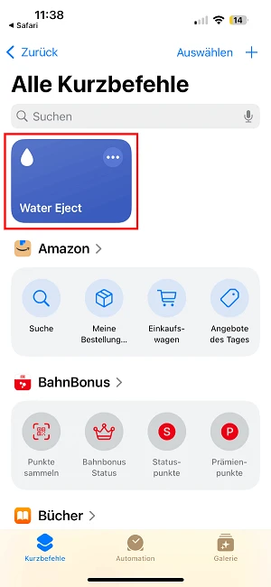  Water Eject in „Alle Kurzbefehle“
