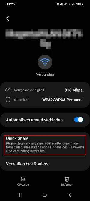  WLAN-Menü mit „Quick Share“-Button
