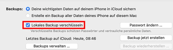  Finder-Menüpunkt „Lokales Backup verschlüsseln“
