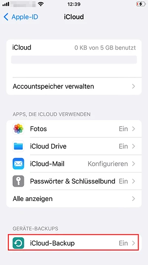  iCloud-Optionen: „iCloud-Backup“-Button
