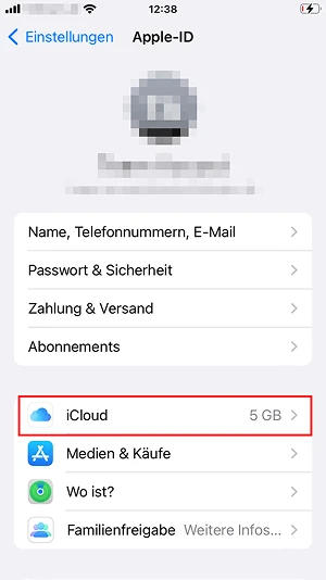  „iCloud“-Schaltfläche in den Einstellungen
