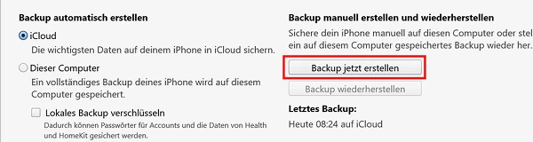  „Backup jetzt erstellen“-Schaltfläche in iTunes
