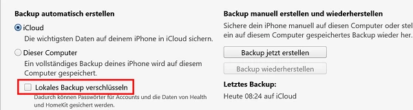  „Lokales Backup verschlüsseln“-Option in iTunes
