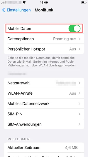  Regler für mobile Daten in den iPhone-„Mobilfunk“-Einstellungen
