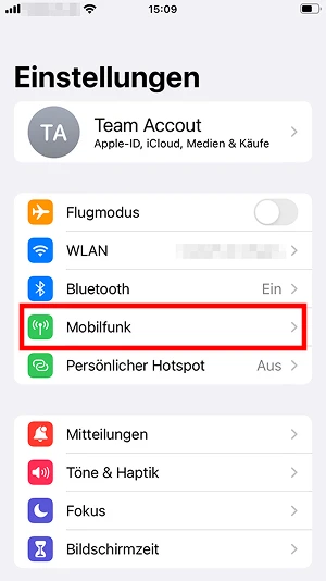  „Mobilfunk“-Button in den iPhone-Einstellungen
