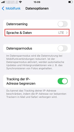  „Datenoptionen“-Menü in iOS
