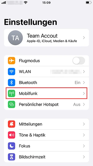  „Mobilfunk“-Schaltfläche in den iOS-Settings
