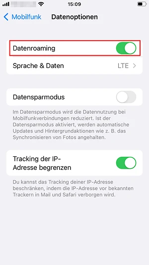  Aktiviertes Datenroaming auf dem iPhone
