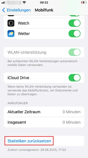  iOS-„Mobilfunk“-Menü: „Statistiken zurücksetzen“
