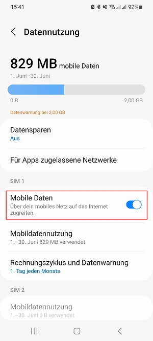  One UI-„Datennutzung“-Menü: Mobile Daten aktiviert
