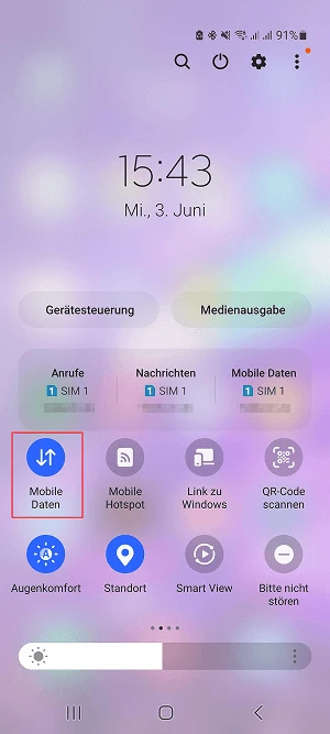  Android-Schnellmenü mit aktivierten mobilen Daten
