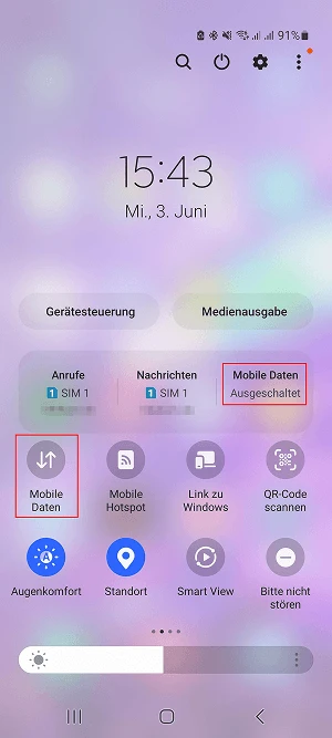  Android-Schnellmenü mit ausgeschalteten mobilen Daten
