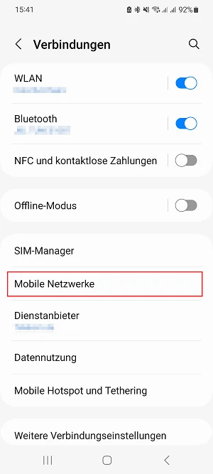  „Verbindungen“-Menü: Schaltfläche „Mobile Netzwerke“
